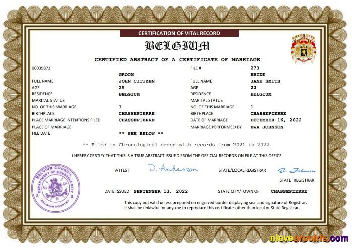 Belgium marriage certificate